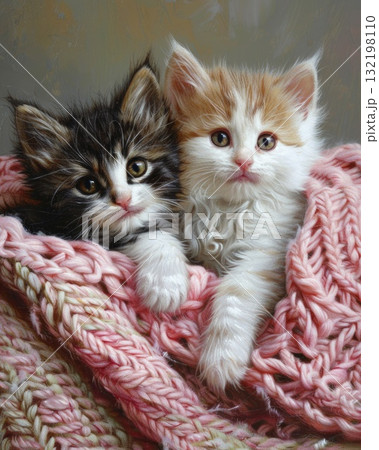 adorable kitten laying on a bed with a pink croched blanket 132198110