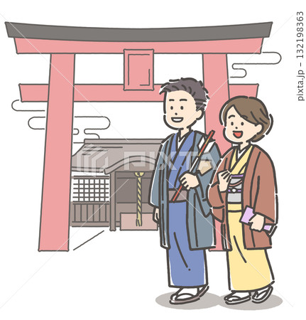 着物を着て初詣をするカップル 着物を着て初詣をするカップル 132198363