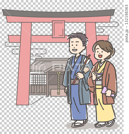 一對穿著和服的情侶今年第一次參拜神社 132198363