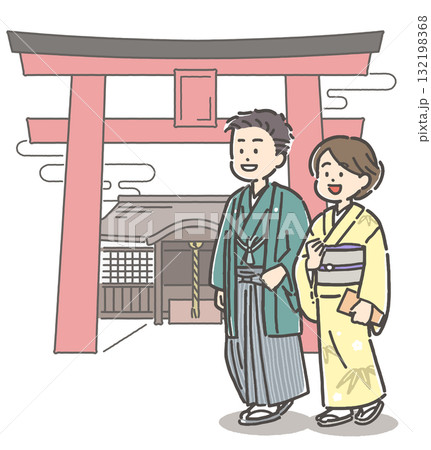 着物を着て神社を参拝する若いカップル 132198368