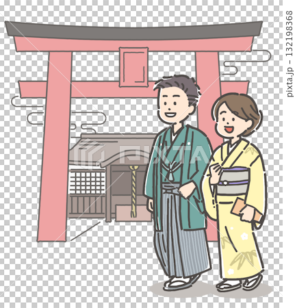 一對穿著和服的年輕夫婦參觀神社 一對穿著和服的年輕夫婦參觀神社 132198368