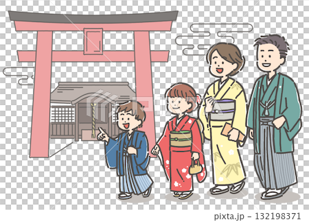 一家人穿著和服去參拜神社 132198371