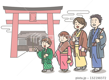 着物を着て初詣をする家族 132198372
