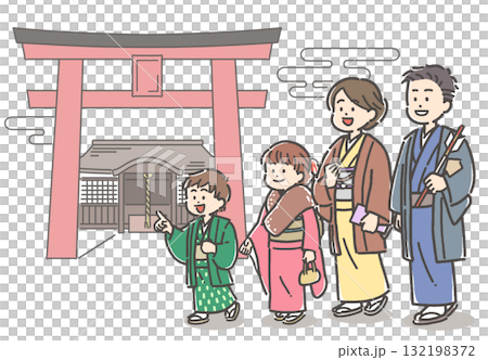 第一次穿著和服參拜神社的一家人 132198372