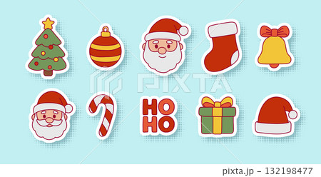 Christmas sticker set with Santa Claus, tree, gifts and ornaments. Cute cartoon holiday icons with white outline, shadow and halftone retro effect for festive decoration and design 132198477