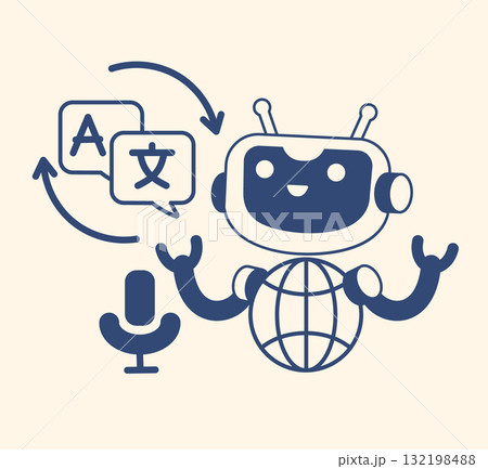 A friendly robot holding speech bubbles, symbolizing translation between languages. Perfect for themes of global communication, AI assistants, and language learning apps 132198488