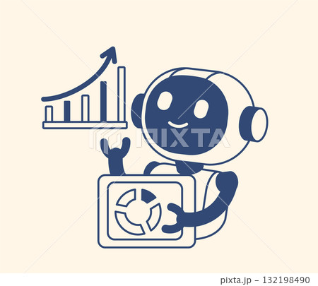 Cartoon robot analyzing data on a tablet with pie chart. Designed in a naive, childlike style. Perfect for themes of big data and business analytics. Cartoon robot analyzing data on a tablet with pie chart. Designed in a naive, childlike style. Perfect for themes of big data and business analytics. 132198490