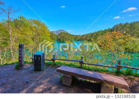 春の福島県耶麻郡の毘沙門沼(五色沼)の西側遊歩道から休憩所と南東側方面 132198528