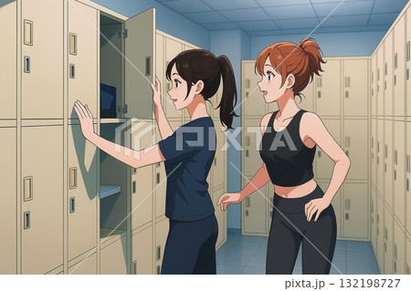 ロッカーで着替えを準備する女性たち　トレーニング後の一コマ 132198727