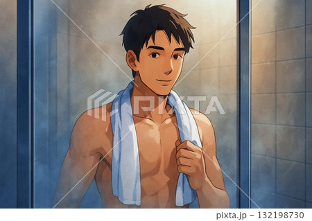 シャワー後に爽やかに微笑む男性 清潔感と達成感の表情 シャワー後に爽やかに微笑む男性 清潔感と達成感の表情 132198730