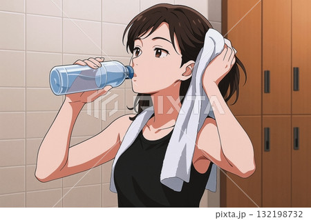 水分補給をする女性　トレーニング後の爽やかなひと息 132198732