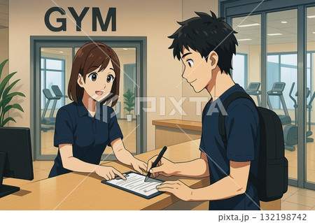ジム入会手続きを行う男女 132198742
