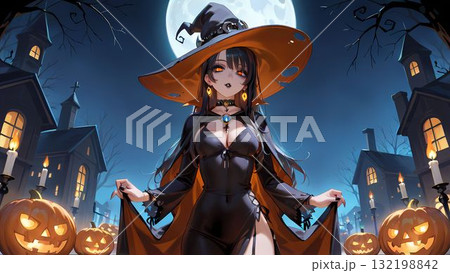 ハロウィーンで魔女の衣装を着た女性のイラスト ハロウィーンで魔女の衣装を着た女性のイラスト 132198842