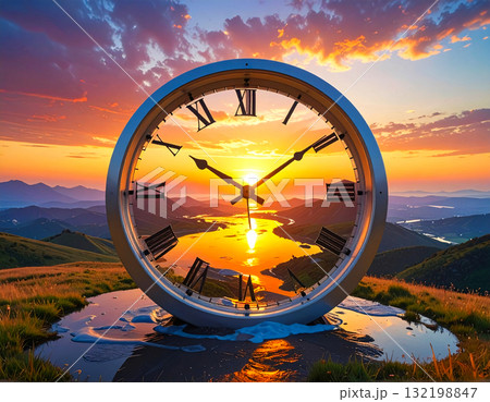 Abstract clock face melts into sunrise horizon, symbolizing time, change and new beginnings Abstract clock face melts into sunrise horizon, symbolizing time, change and new beginnings 132198847