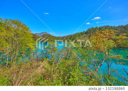 春の福島県耶麻郡の毘沙門沼(五色沼)の西側遊歩道から休憩所と南東側方面 132198860