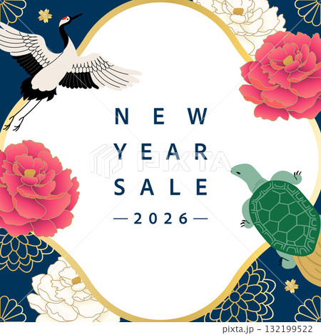 鶴と亀と牡丹のフレーム背景_紺色 132199522