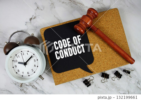 Code Of Conduct text on speech bubble with alarm clock and wooden gavel on marble background 132199661