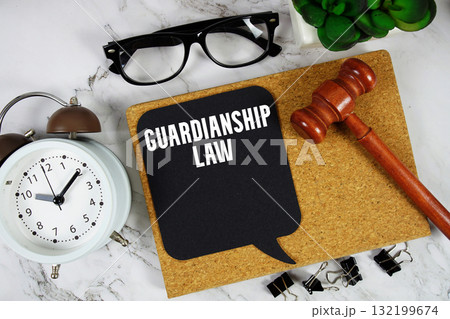 Guardianship Law text on speech bubble with alarm clock and wooden gavel on marble background Guardianship Law text on speech bubble with alarm clock and wooden gavel on marble background 132199674