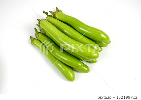 Fresh green long Thai eggplants isolated on white background 132199712