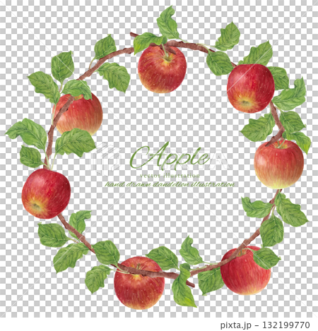 水彩で描いた枝付きのりんごのフレームイラスト 水彩で描いた枝付きのりんごのフレームイラスト 132199770