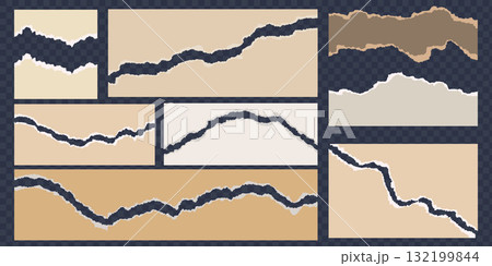 Torn paper with rip edges. Tear pieces of sheet. Notebook pages for collage and scrapbooking design. Vintage template with rough elements. Realistic patches elements. Vector 132199844