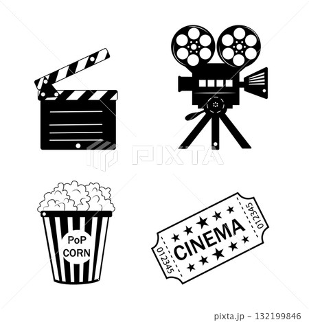 Movie theater icon set. Popcorn box packaging, ticket. Open clapperboard. Ticket. Camera, film reels, video. Movie theater icon set. Popcorn box packaging, ticket. Open clapperboard. Ticket. Camera, film reels, video. 132199846