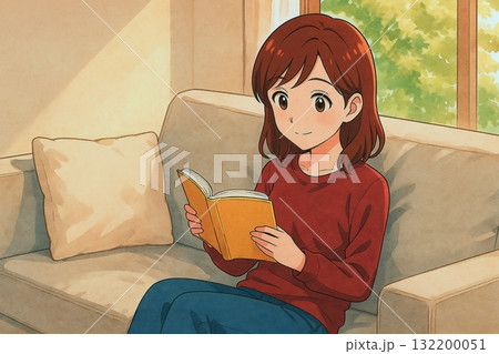 ソファで読書する女性 132200051