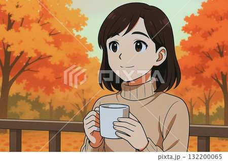 秋のテラスでコーヒーを飲む女性 秋のテラスでコーヒーを飲む女性 132200065