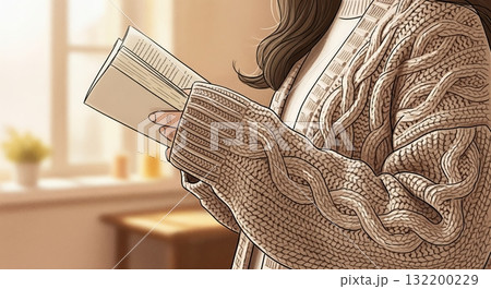 暖かいニットで過ごす読書時間 暖かいニットで過ごす読書時間 132200229