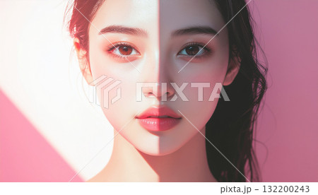 顔の半分が影に隠れた女性、光と影の対比が美しい印象的な構図 132200243