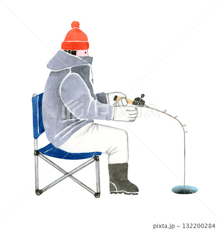 ワカサギ釣り 魚釣り　人物　水彩 イラスト 132200284