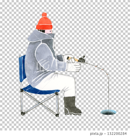 ワカサギ釣り 魚釣り　人物　水彩 イラスト 132200284