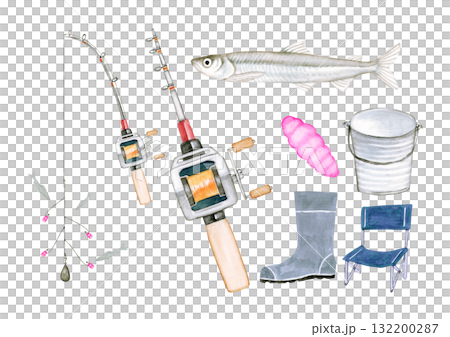 Smelt fishing fishing equipment set watercolor illustration Smelt fishing fishing equipment set watercolor illustration 132200287