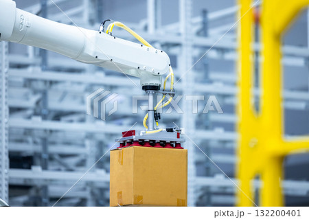Robotic arm handling boxes on pallets in automated warehouse, Logistics warehouse automation robotics, Robotic arm automated factory packing system efficient industrial box handling and logistics 132200401