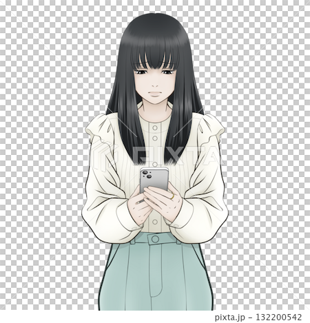 Illustration of a woman looking at a mobile phone with a gloomy expression 132200542