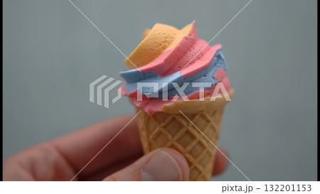 手の指で小さくつまんだ、カラフルなミニソフトクリームのクローズアップ 手の指で小さくつまんだ、カラフルなミニソフトクリームのクローズアップ 132201153