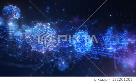 AI、ビッグデータ、または細胞を表現する、青い光の粒子とネットワーク構造を持つ抽象的なデジタル背景 132201203
