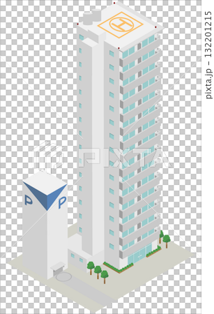 Isometric illustration of a tower apartment building and mechanical multi-story parking lot likely to be found in Japan Isometric illustration of a tower apartment building and mechanical multi-story parking lot likely to be found in Japan 132201215