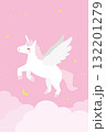ピンクの空を駆けるユニコーン(午年の年賀状2026年・文字なし) 132201279