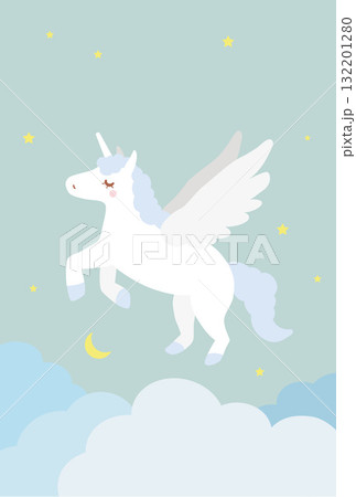 ミントグリーンの空を駆けるユニコーン(午年の年賀状2026年・文字なし) 132201280