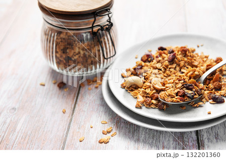 Healthy homemade granola mix on plate with spoon Healthy homemade granola mix on plate with spoon 132201360