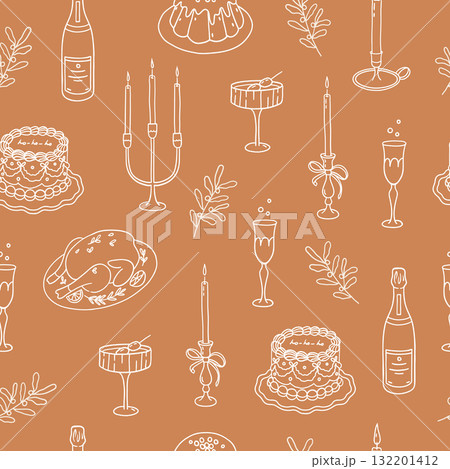 Seamless pattern with Christmas vintage dinner. Hand drawn vector illustration for wrapping paper, textile, fabric. 132201412