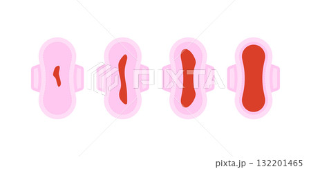 Sanitary menstrual pads showing different period blood flow day 132201465