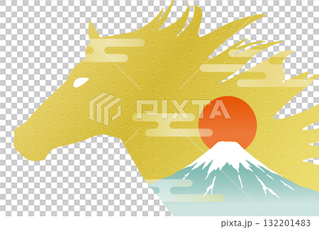 Year of the Horse New Year's card template: Horse, Mt. Fuji, and sunrise 132201483