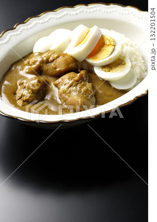 ゆで卵を乗せたチキンカレーを黒背景で撮影 132201504