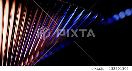 Neon ribbed fractal glass 3d background with blur and bokeh effect. Holographic wave line pattern with gold blue purple gradient texture. Abstract black glitch bg in radiant colors. 3D illustration 132201505