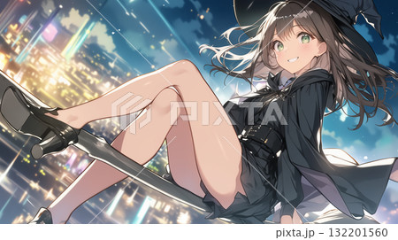 夜空を飛ぶ黒衣の魔女の少女／都会の光を背景にしたアニメ風イラスト 132201560