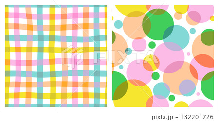 Set of naive vibrant seamless patterns with abstract contemporary circles and checkered print. Minimalistic graphic bauhaus design in vibrant colours. Scandinavian nursery print. Riso effect Set of naive vibrant seamless patterns with abstract contemporary circles and checkered print. Minimalistic graphic bauhaus design in vibrant colours. Scandinavian nursery print. Riso effect 132201726