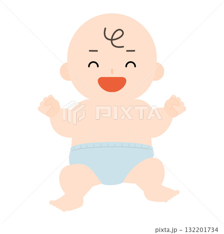 大笑いするおむつ姿の赤ちゃん 132201734