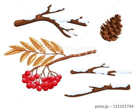 Snowy Branches, Rowan Berries and Pine Cone Set 132201784